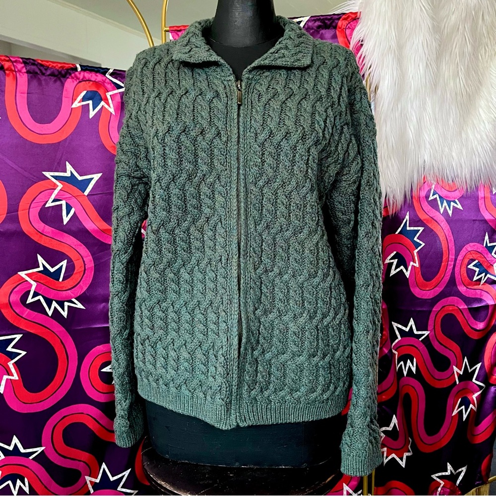 Aran Crafts Green Cable Knit Cardigan